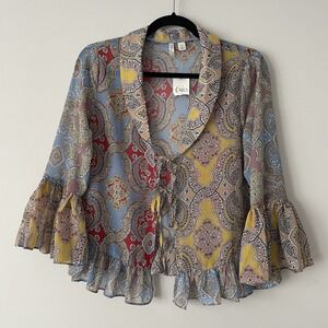 NWT Cato Mixed Print Sheer Tie Open Front Blouse XS Ruffle Boho Western Festival